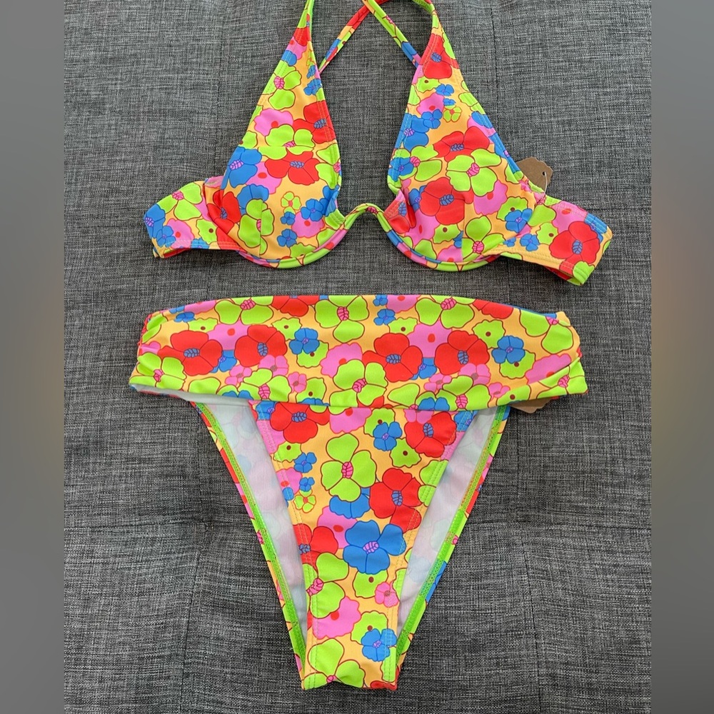 High Waisted Neon Floral Bikini